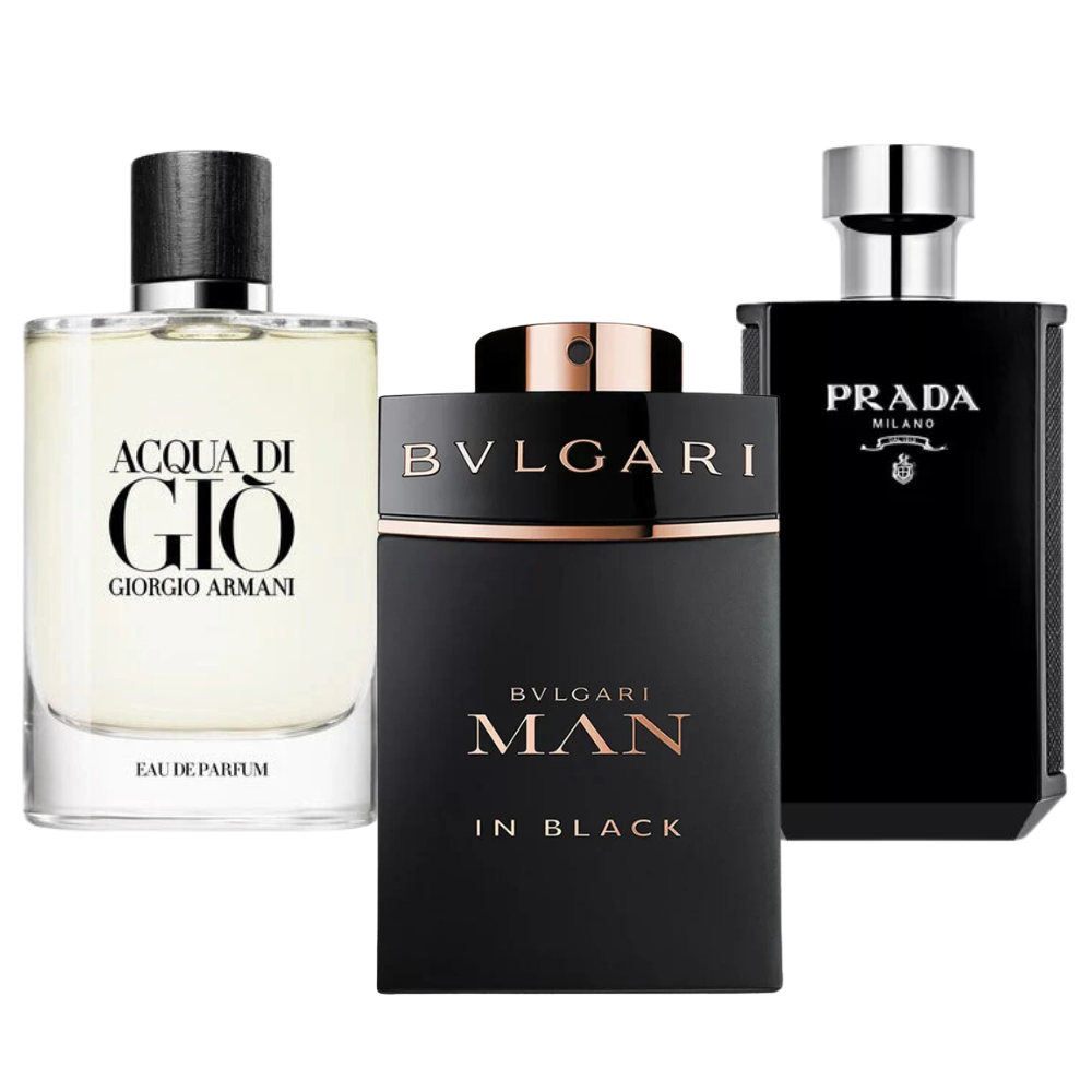 3 Parfums Bvlgari in zwart, Giorgio Armani Acqua di Gio, L'Homme Prada Intense (Eau Parfum)