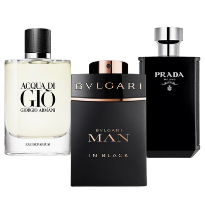 3 Parfums Bvlgari in zwart, Giorgio Armani Acqua di Gio, L'Homme Prada Intense (Eau Parfum)