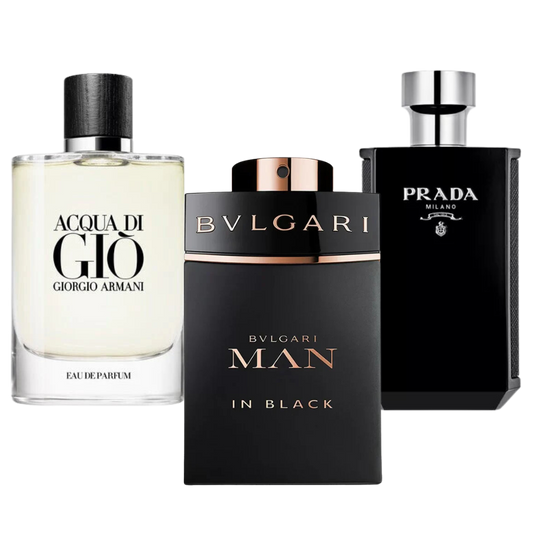 3 Parfums Bvlgari en noir, Giorgio Armani acqua di Gio, L'Homme Prada Intense (Eau Parfum)