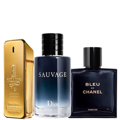 3 Parfums Paco Rabanne un million, Dior Sauvage et Bleu de Chanel