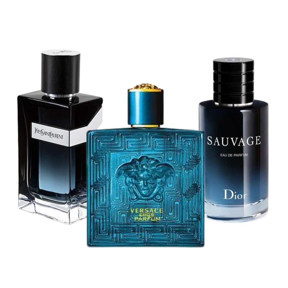 3 Parfums Dior Sauvage, Yves Saint Laurent y Men et Versace Eros